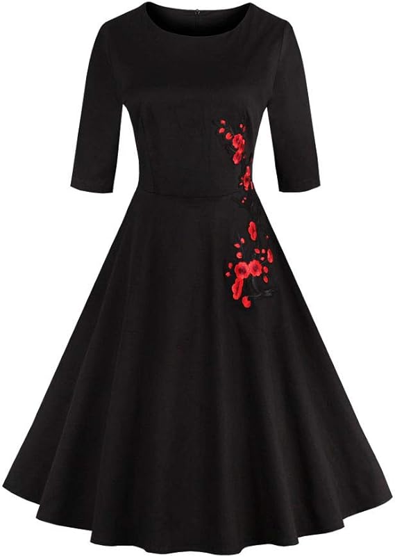 Amazon Sooger 刺繍 気質 ワンピース ウィンテージ フレア ロカビリー レディースワンピース ドレス パーティードレス マキシ ワンピース ロングドレス ノースリーブ ラップワンピース フレアスカートグワンピース レディース シャツワンピース ワンピース チュニック