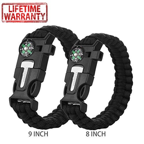 Cos2be- tactical Survival paracord Bracelet - 5 in 1 gear Kit black 2 pcs 9+8 inch set with embedded fire Starter Compass Emergency knife For Camping hunting Hiking and outdoors for Couples