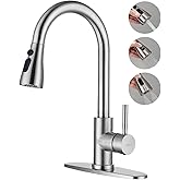 TOYWIA Kitchen Faucets with Pull Down Sprayer, 3 Function Sprayer, Brushed Nickel Stainless Steel Single Handle High Arc Sink Faucet for RV, Bar, Farmhouse, Laundry, Outdoor