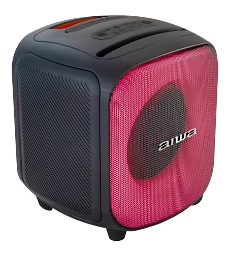 Aiwa Bocina Portátil AW-B81 en Color Negro con 40W RMS, Bluetooth 5.3, función TWS, Luces LED, Radio FM, batería Recargable de 4000 mAh, Puerto USB-C y Sonido Potente con Refuerzo de Graves