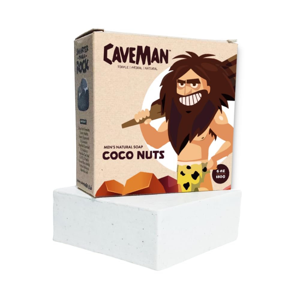 Caveman Men's Natural Soap - COCO NUTS (180g): Moisturizing, Exfoliating, & Refreshing Bar Soap with Virgin Coconut Oil, Centella Asiatica Extract, and Coconut Essence