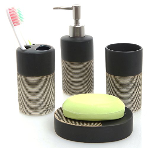 MyGift Bathroom Accessories Set, Deluxe 4 Piece Black & Beige Ceramic Bath Accessory Set with