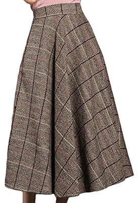 Youhan Women's Winter Wool Blend Plaid A-Line Long Skater Skirt