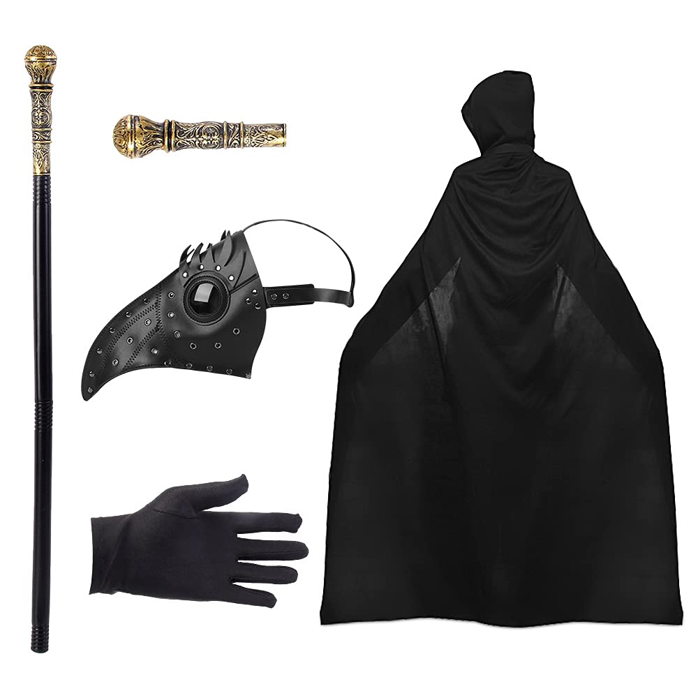 Lifreer Plague Doctors Mask, Retro Rivet Bird Mask Beak Steampunk Mask Halloween Mask Masquerade Halloween Costume Props with Black Gloves, Cane, Hooded Cloak Cape