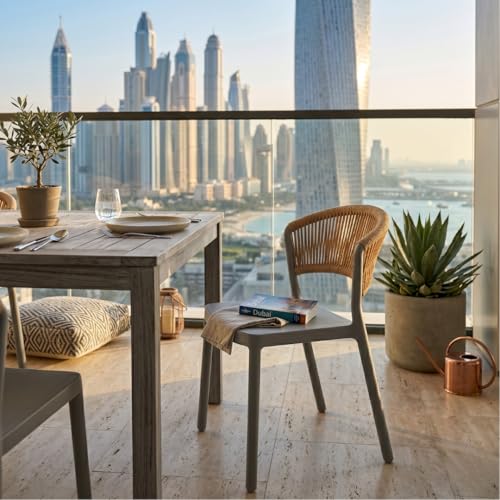 MARCOLO Chair Without Arms, Outdoor Plastic Dining Chair, Weather & UV Resistant Patio Chair for Balcony, Garden, Kitchen & Indoor Outdoor Use, Modern Rope-Style Design, 41x53.5x82cm (Grey)