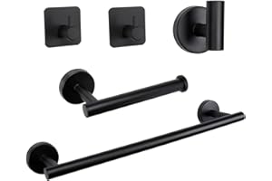 TocTen Bathroom Hardware Set, Thick Stainless Steel Bath Towel Bar Set Including Towel Rack for Bathroom+Toilet Paper Holder+3 Robe Towel Hooks Wall Mount Bathroom Accessory Set(16IN,Matte Black)