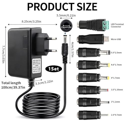 Adaptador de Corriente 12V 3A 36W Fuente de Alimentación AC DC, Cargador Universal con Conector 5.5x2.1 mm y 8 Enchufes DC, para Cámaras CCTV, Tiras LED, Router WiFi, Monitor LCD, TV Box y Altavoces