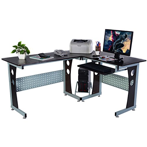 Black New Wood L-Shape Corner Computer Desk PC Table Workstation Home Office