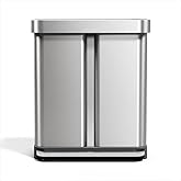 simplehuman Step Recycler, 58L / 15.3 Gallon Dual Compartment Kitchen Trash Can, 150,000-Step Steel Pedal, Lid Shox&reg; Silent Close, Liner Rim System, Liner Pocket&reg;, Brushed Stainless Steel