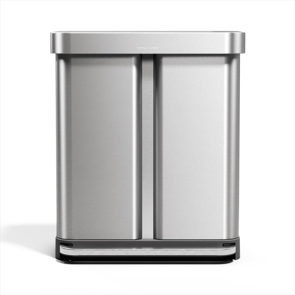 Photo 1 of simplehuman 58 Liter / 15.3 Gallon Rectangular Hands-Free Dual Compartment Recycling Kitchen Step Trash Can with Soft-Close Lid, Brushed Stainless Steel