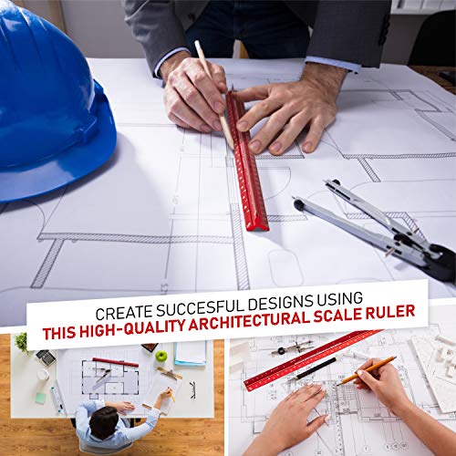Holifiver Triangular Architectural Scale Ruler – 12” Imperial Scale for Blueprints, Engineering or Drafting – Perfect Gift for Students, Architects, Engineers – Aluminum Sleek Red Finish