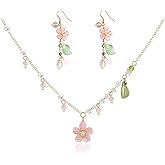IQIC Pink Flower Necklace Earrings Set for Women Cherry Blossm Floral Pearl Pendant Necklace Pink Flower Dangle Drop Earrings Fairy Statement Wedding Jewelry Set