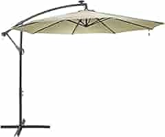 Amazon Com Sunnydaze 10 Foot Offset Cantilever Solar Patio Umbrella With Outdoor Led Lights Crank And Cross Base Beige Garden Outdoor