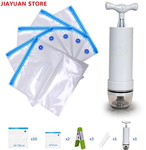 JIAYUAN Sous Vide Bags Kit - 10 BPA Free Food Vacuum Sealed Bags - with 1 Hand Pump, 3 Sealing Clips, 1 Zipper Clamp, 2 Smaller Size Foodsaver Bag, Resuable & Practical for Storage & Cooking