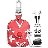 Jansae Designer Airpods Case Leather with Keychain and Anti-Lost Protect Strap Accessories Kits Cute Red Flower Airpod Case Compatible with Airpods 1/2 Charging Case (Red/Flower)