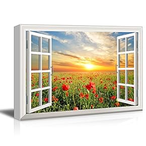 Window View Canvas Wall Art - Red Poppy Flower Field at Sunset - Giclee Print Gallery Wrap Modern Home Art Ready to Hang - 12x18 inches