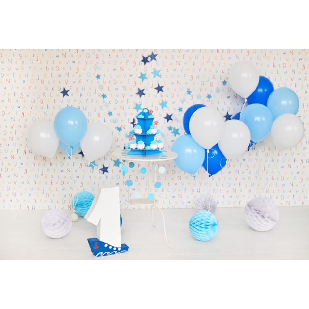 Aoihrraan 7x5ft Boys 1st Birthday Backdrop White Blue Paper Flowers Balloons Cake Smash Photography Background for Kids Room Wallpaper Dessert Table Decor Baby Shower Party Photo Studio Props