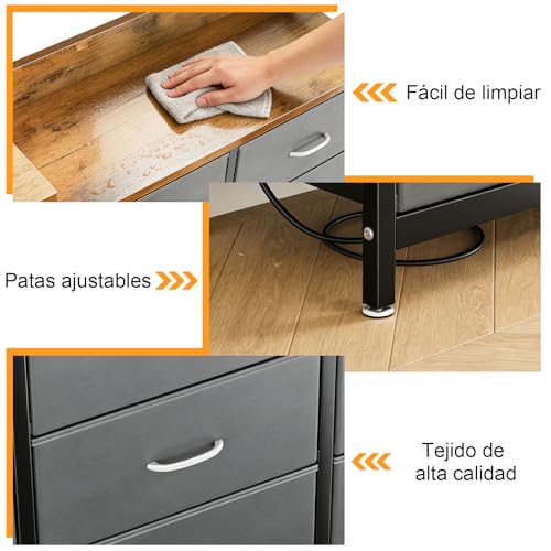 STAR BURN Cómoda para Recamara,Cajonera con Estación de Carga y 8 Cajones Deslizantes de Tela,Comodas Muebles para Recamara con Estantes Abiertos de Madera,Mueble Organizador Recamara Gris+Marron