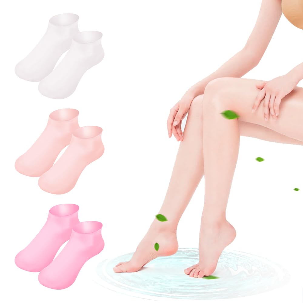 Photo 1 of 3 Pairs Silicone Socks for Dry Cracked Feet Women, Thicker Spa Moisturizing Socks, Non-Binding Lotion Socks for Women Overnight, Feet Care 3 Colors Assorted