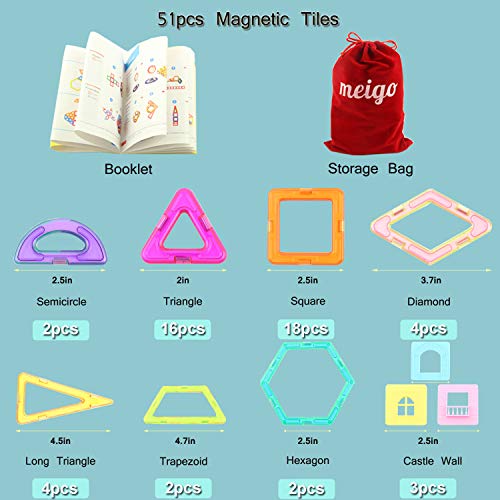 MEIGO Magnetic Blocks - Kids Magnetic Tiles Set 3D Magnetic Building Blocks Construction Playboards Boys Girls STEM Educational Magnet Toys for Toddlers (51pcs)