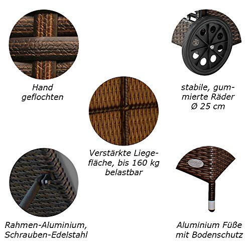 RS Trade Sonnenliege Toscana Braun/Grau - Outdoor Liege mit beständigem Poly-Rattan-Geflecht - verstellbare Rückenlehne - Armlehnen & breite Liegefläche - inkl. Kopfteil und Auflage – Bild 4