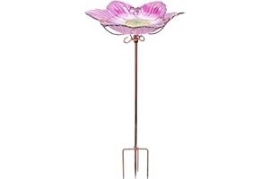 DREAM GARDEN Outdoor Bird Bath Glass Birdbath Garden Birdfeeder with Metal Stake Pink(Height:26inch)