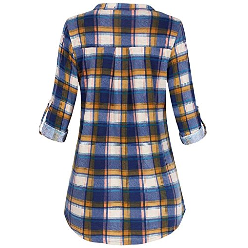 Rambling Fashion New Womens Split V Neck Rolled up Sleeve Plaid Casual Blouse Tops
