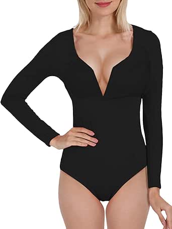 Sematomala Women's Deep V Neck Bodysuit Sexy Push Up Bra Long Sleeve High Cut Thong Bottom 