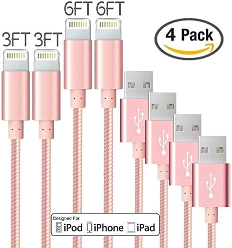 Lightning iPhone Braided Nylon 2-Pack 3FT &amp; 2-Pack 6FT USB Sync and Charging Data Cable Cord for iPhone, iPad, iPod, Compatible with iOS10 (Rose Gold / Pink)