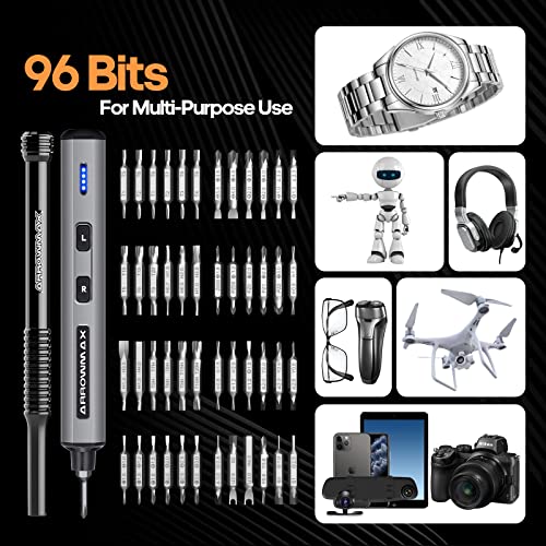 102 in 1 Electric Screwdriver, AM ARROWMAX Cordless Precision Screwdriver Set with 96 Magnetic Bits, Rechargeable Portable Electronic Screwdriver Set for Phone Laptop Camera Watch Computer (MINI PLUS)