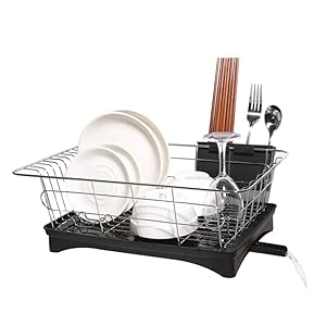 Dish Drainer Stainless Steel Drying Rack with 3-Piece Set and Removable Utensil Holder Small Dish Rack for kitchen Counter- 16.7" x 11" x 6"
