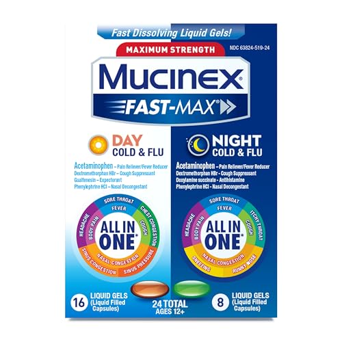 MUCINEX FAST-MAX LIQUID GELS FOR DAY/NIGHT COLD AND FLU, 24 COUNT