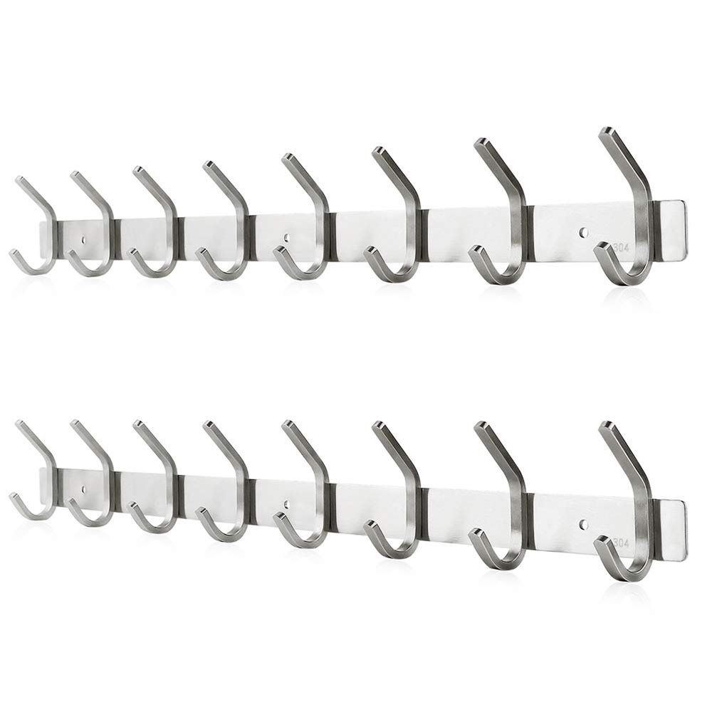 Dripex Coat Hook Rack Wall Mounted 304 Stainless Steel Hanger Heavy Duty Clothes Hat Holder (8 Hooks - 2 Pack)