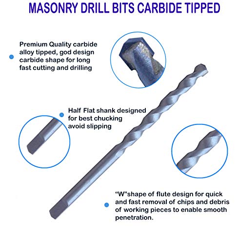 10Pcs 5/32 Inch with 3-1/2 Length Carbide Tipped Masonry Concrete Drill Bit Sand Blasted with Half Flat Shank Use on Masonry, Stone, Ceramic Tile, Bricks, Concrete and Marble