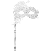 LUOZZY Masquerade Mask for Women with Stick White Masquerade Mask Halloween Venetian Mardi Gras Lace Masks with Holding Stick