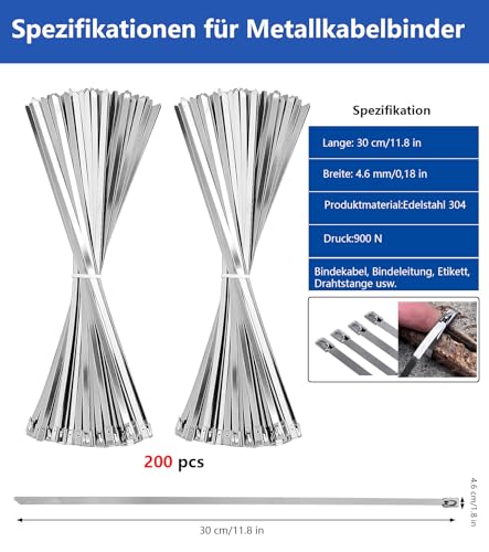 ZUGJOZD 200 Stainless Steel Cable Ties with Pliers and Clamping Tool, Self-Locking Stainless Steel Cable Ties 4.6 x 300 mm for Cable Fastening, Industrial and Agricultural Applications