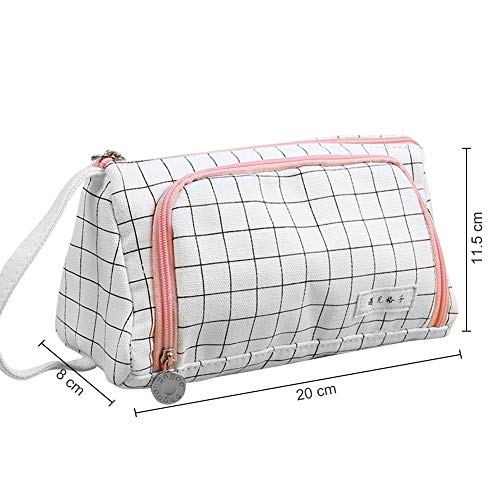 COOLOOK Big Capacity Colored Canvas Storage Pouch Marker Pen Pencil Case Stationery Bag Holder for Middle High School Office College Student Girl Women Adult Teen Christmas Gift White Plaid