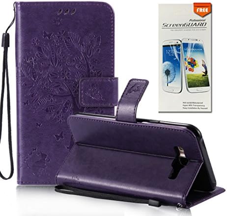 OuDu Tree&Butterfly Printing Pattern Case for Samsung Galaxy J7 2015 SM-J700F PU Leather Cover Flip Wallet Shell Stand Function Bumper with Card Slots - Purple (Gift:1 Screen Protector)