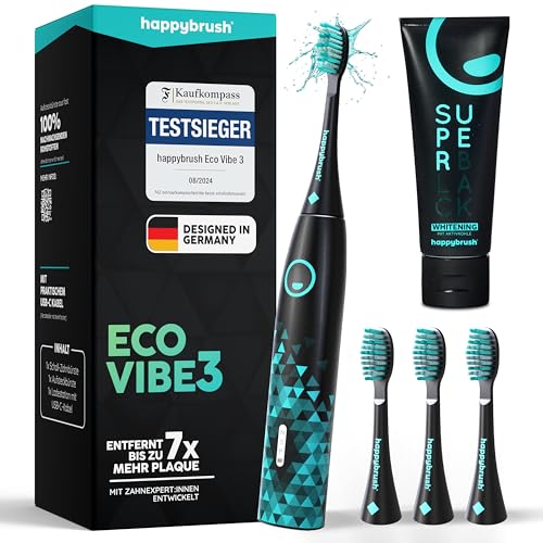 happybrush® Schallzahnbürste Eco Vibe 3 – TESTSIEGER – 100 Tage testen - Elektrische Zahnbürste mit 8 Wochen Akku – Ultraschall Zahnbürsten – 2 Jahre Garantie - Inkl. Aufsteckbürsten - Black/Mint thumbnail 1