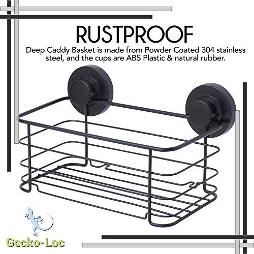 Gecko-Loc Deep Shower Shelf Caddy Storage Basket Shampoo Conditioner Holder w Vacuum Suction Cups No Hooks No Drilling - Sponge Shampoo Conditioner Holder- Black SS - Adhesive DISKS Now Include