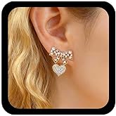 Allereyae Boho Cz Bow Ear Jacket Earrings Pearl Bow Stud Earrings Gold Crystal Heart Earring Rhinestone Heart Earring Hollow Bowknot Dangle Stud Jewelry for Women