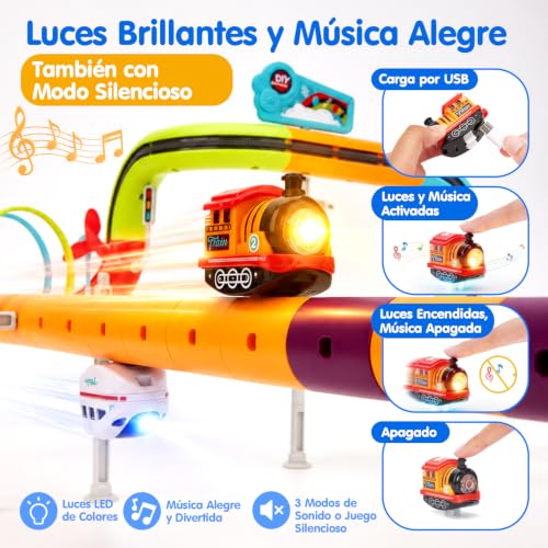 hahaland Electric Toy Train Children 115 Pieces, Anti-Gravity 3D Track with 2 Rechargeable Vehicles, Lights and Music, STEM Building Set, Gift Boy Girl 3 4 5 6 Years Old