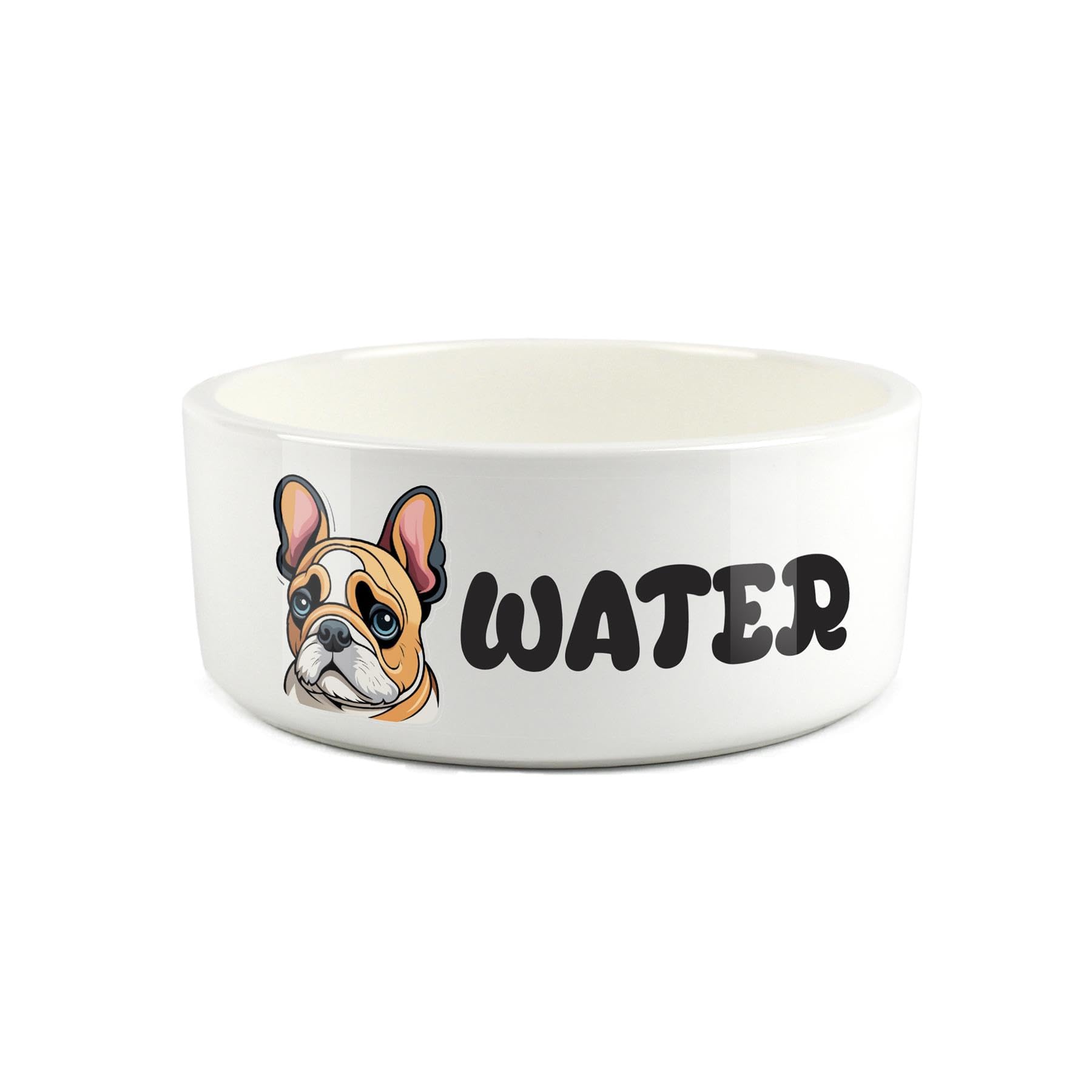 French Bulldog Pet Bowl - Cartoon Frenchie Dog Portrait Large Ceramic Water Bowl - Novelty White Water Dish For Dogs