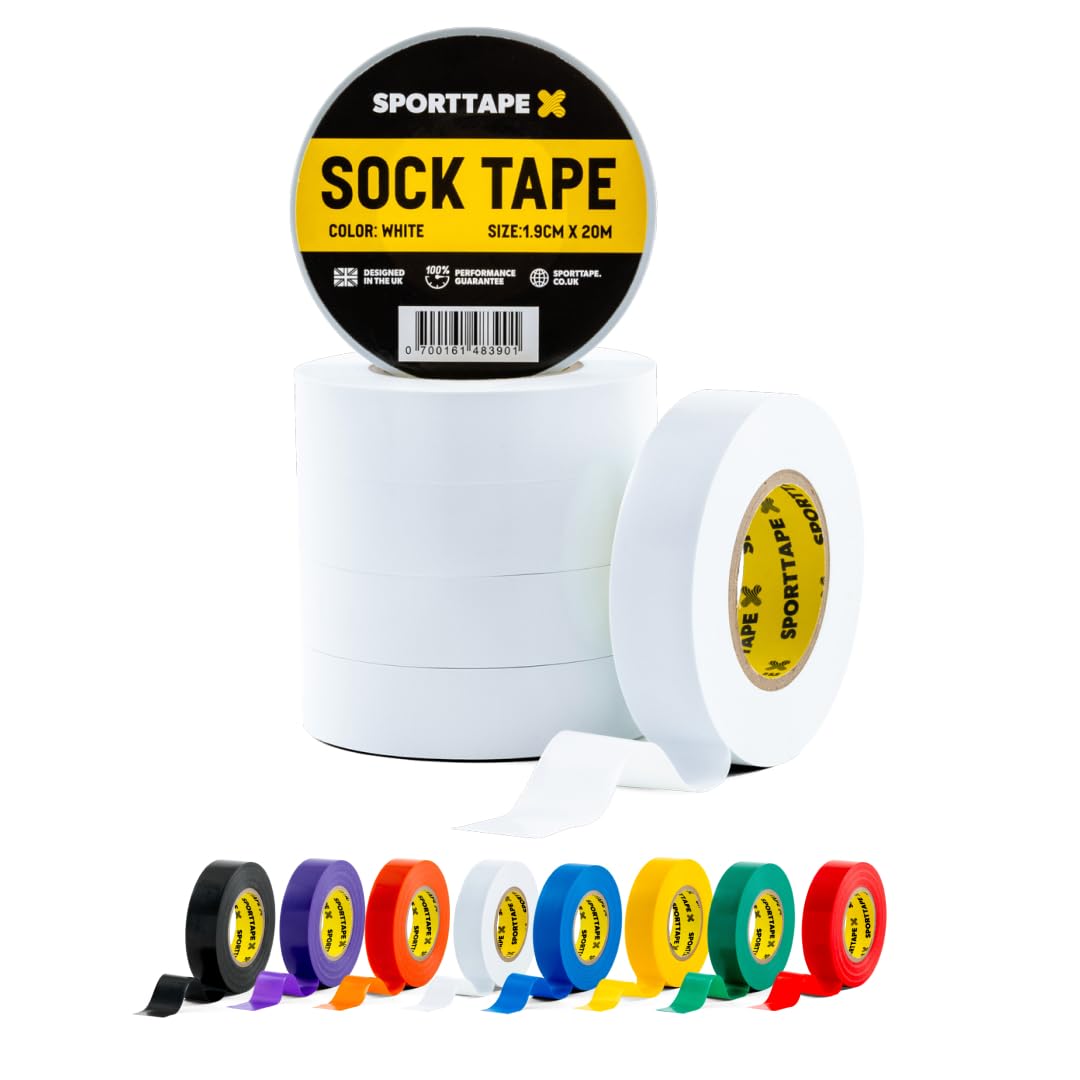 SPORTTAPE 6 Rolls Sock Tape - White - 1.9cm x 20m | PVC Insulating Tape for Football, Soccer & Rugby - Holds up Football Socks, Shin Pads & Shin Guards | Secures Lifting Blocks, Boots & Ears