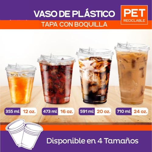 ROSE IMPACT Vasos Transparentes 20 oz con Tapa Tipo Boquilla para Bebidas Frías – Packs de 50 Vasos Resistentes con Tapa Incluida (50, 20oz)
