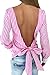 Simplee Apparel Women's Long Sleeve Backless Striped Blouse Shirt with Belt Pink