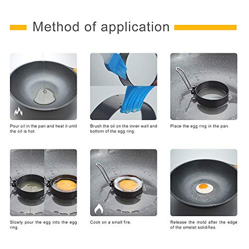 Non-Stick Egg Rings with Folding Handles, Round Pancake Mold Shaper Circles, Egg Fry Ring Set for Fried Egg McMuffin Sandwiches Breakfast, with Oil Brush Finger Clip and Dishcloth
