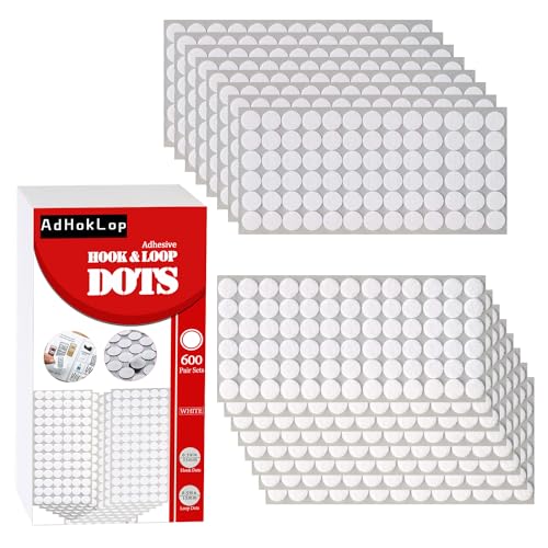 Adhoklop 1200 Pcs (600 Pairs) Dots with Adhesive 0.59 Inch Diameter Hook and Loop Fastener Self Adhesive Dots for School Classroom Teacher Supplies (White)