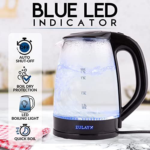 Zulay 1.7L Glass Electric Kettle with Blue LED Light Borosilicate