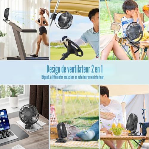 ATEngeus 8 Inch Mini USB Clamp Fan with 10000mAh Battery, Portable Small Desk Fan, 4 Speed, Dual 360 Rotation, with USB Cable, Suitable for Family, Office